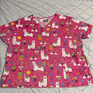 Vibrant Pink Llama Print Women's Scrub Top